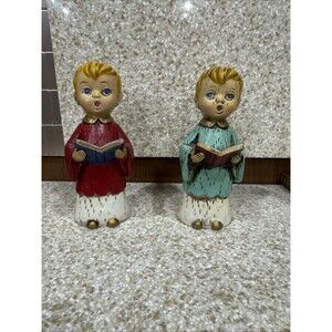 Vintage 2 Choir Altar Boys Chalkware Christmas Caroling Figurines Japan